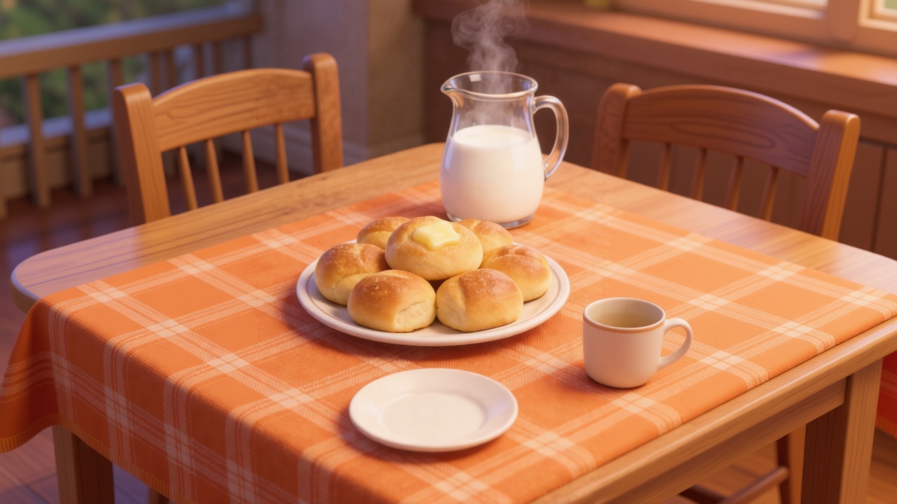 Close-up shot. A warm wooden dining table covered with an orange plaid tablecloth, featuring a glass jug of steaming milk and a plate of freshly baked butter buns. The spot for the cup is empty. 3D Pixar style. --ar 16:9