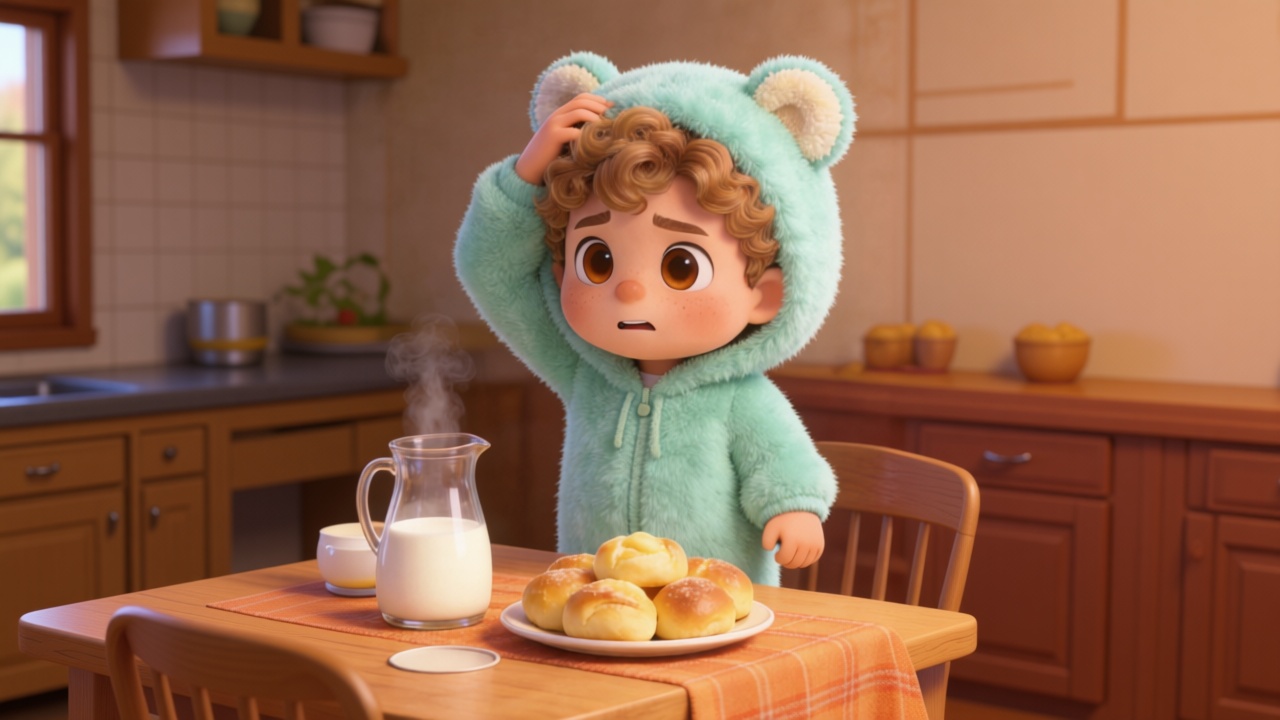 Medium shot. Toby with fluffy curly hair, standing by the warm wooden dining table covered with an orange plaid tablecloth. He is scratching his hair, looking at the empty table in confusion. 3D Pixar style. --ar 16:9