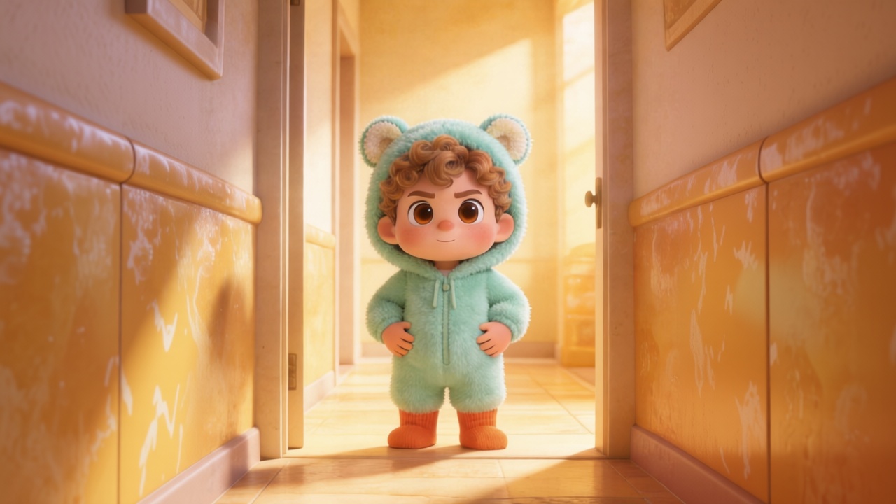 Wide shot. Toby putting his hands on his chubby waist, standing at the entrance of a sunlit hallway with creamy honey-colored tones. He looks like a brave little hero. Bright, warm lighting. 3D Pixar style. --ar 16:9