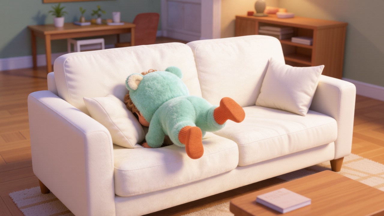 Medium shot. Toby leaning over a creamy white soft sofa in the living room, sticking his bottom up to look into the cushions, his two feet kicking in the air. Warm home background. 3D Pixar style. --ar 16:9