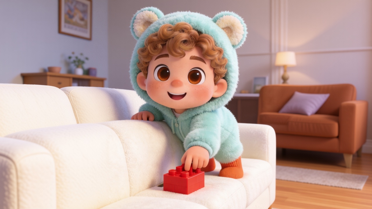 Close-up shot. No cup in the sofa gap, but Toby's chubby hand pulls out a red plastic building block. He gives a big, happy grin. Highly detailed, 3D Pixar style. --ar 16:9
