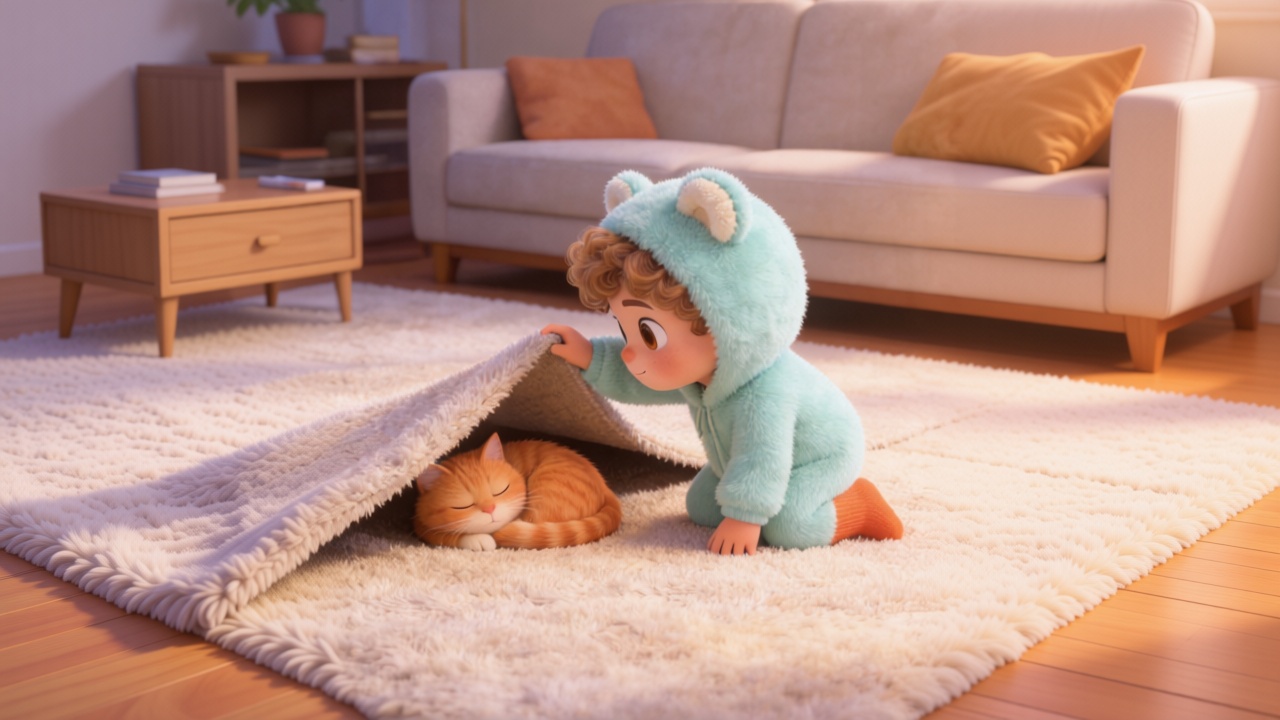 Wide shot. Toby kneeling on a fluffy living room rug, lifting a corner of the rug with both hands to peek underneath. A chubby orange cat is curled up nearby. 3D Pixar style. --ar 16:9