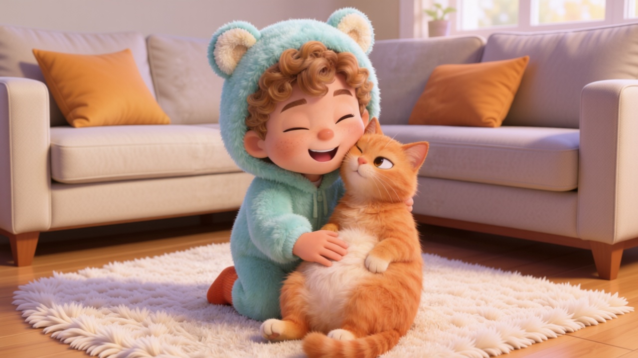 Close-up shot. Toby gently pats the cat's fluffy belly to check, the orange cat opens one eye and rubs its head against Toby's cheek. Toby giggles, eyes narrowed into happy lines. 3D Pixar style. --ar 16:9