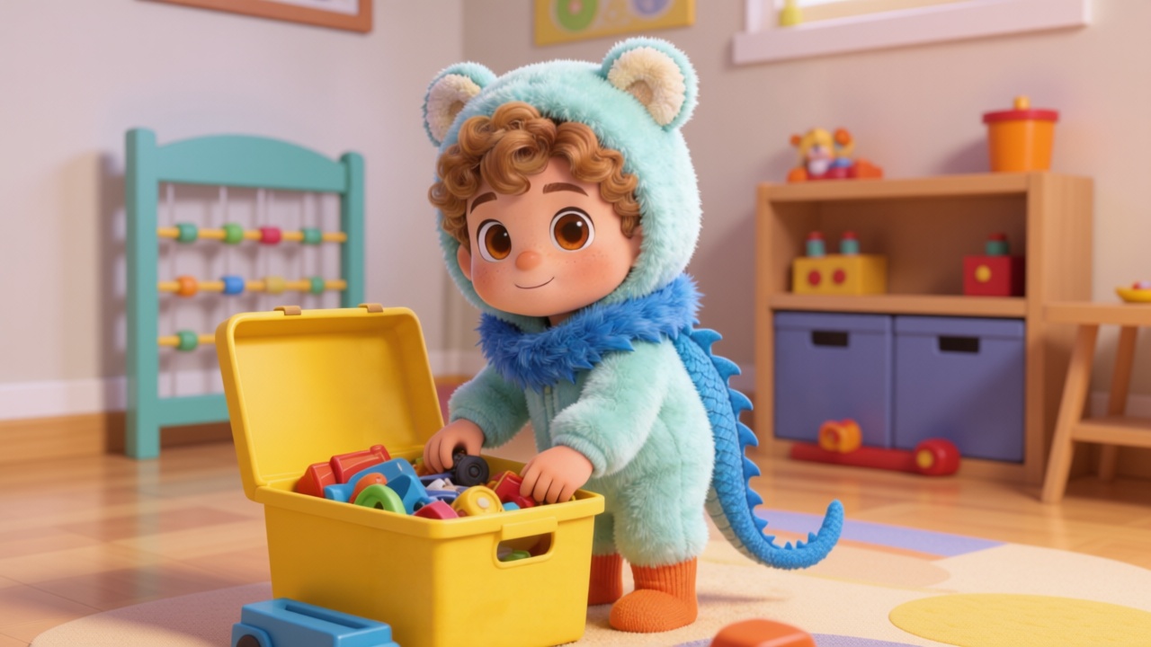 Medium shot. Toby rummaging through a yellow toy box in the playroom. He has draped a fluffy blue fake dragon tail around his neck like a scarf. Looking proud. 3D Pixar style. --ar 16:9