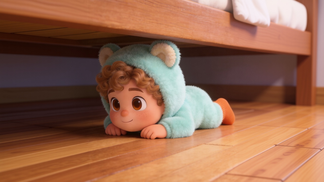 Medium shot. Toby lies on his stomach, cheek pressed to the wooden floor, looking under the bed. His orange ankle socks are prominent. Highly detailed, 3D Pixar style. --ar 16:9