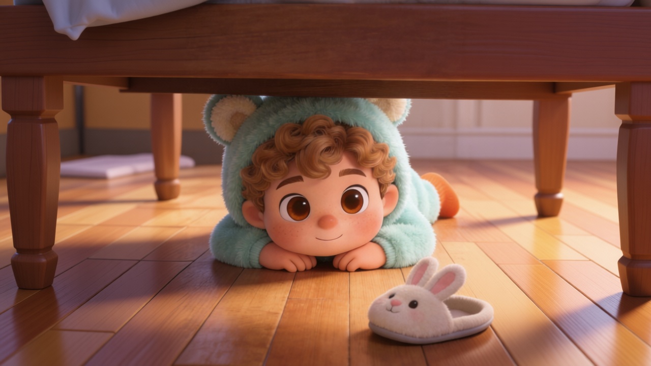 Close-up shot. In the dim light under the bed, no cup, only a plush bunny slipper lying there quietly. Highly detailed, 3D Pixar style. --ar 16:9