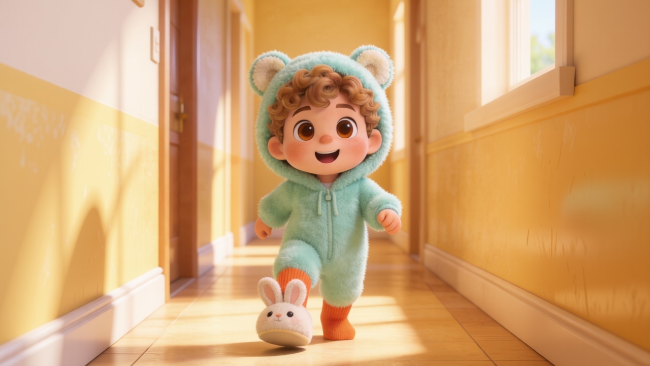Wide shot. Toby (right foot bunny slipper, left foot orange sock) walking with a joyful limp down the sunlit hallway with creamy honey-colored tones. 3D Pixar style. --ar 16:9