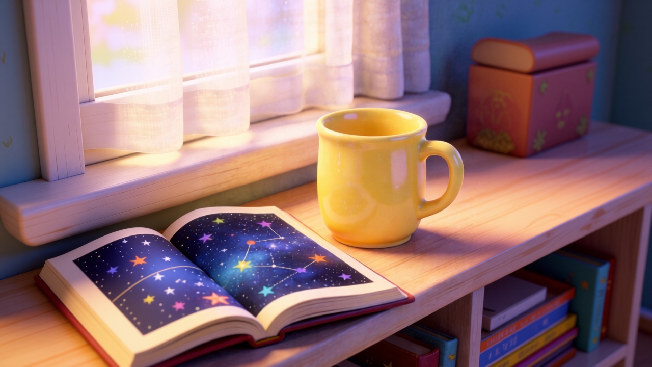 Close-up shot. Next to an open starry sky picture book, there sits the creamy honey yellow ceramic mug. The cup reflects a glossy shine. Highly detailed, 3D Pixar style. --ar 16:9