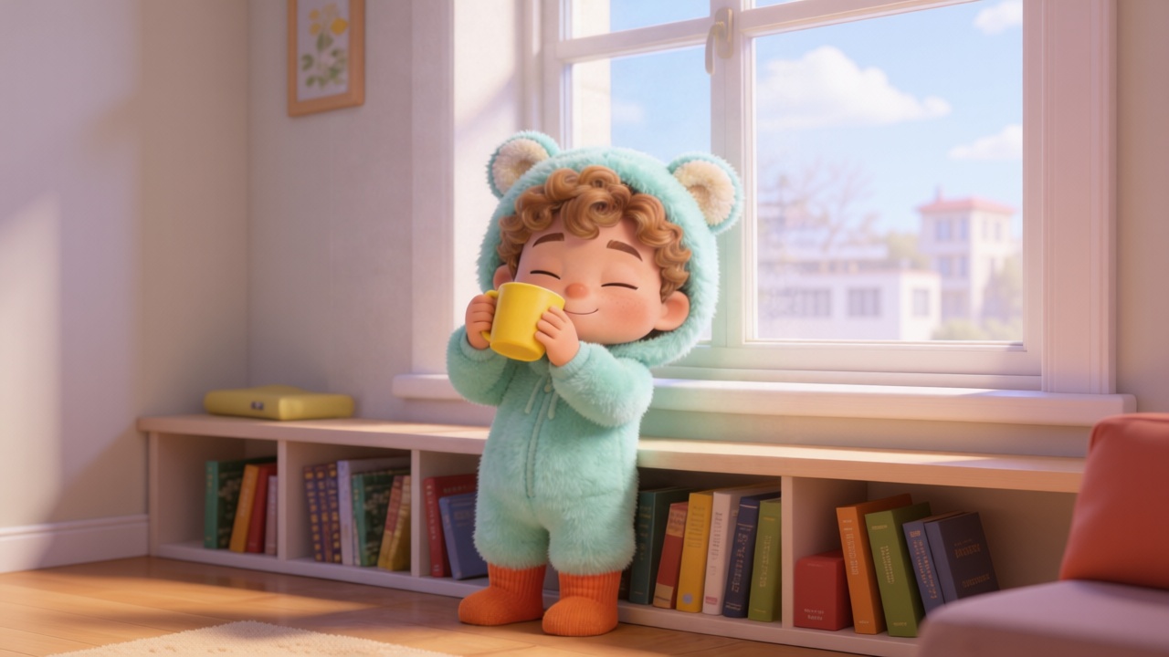 Medium shot. Toby picks up the yellow cup, eyes shut, rubbing his chubby cheek against the cup's smooth surface, showing a healing smile. 3D Pixar style. --ar 16:9