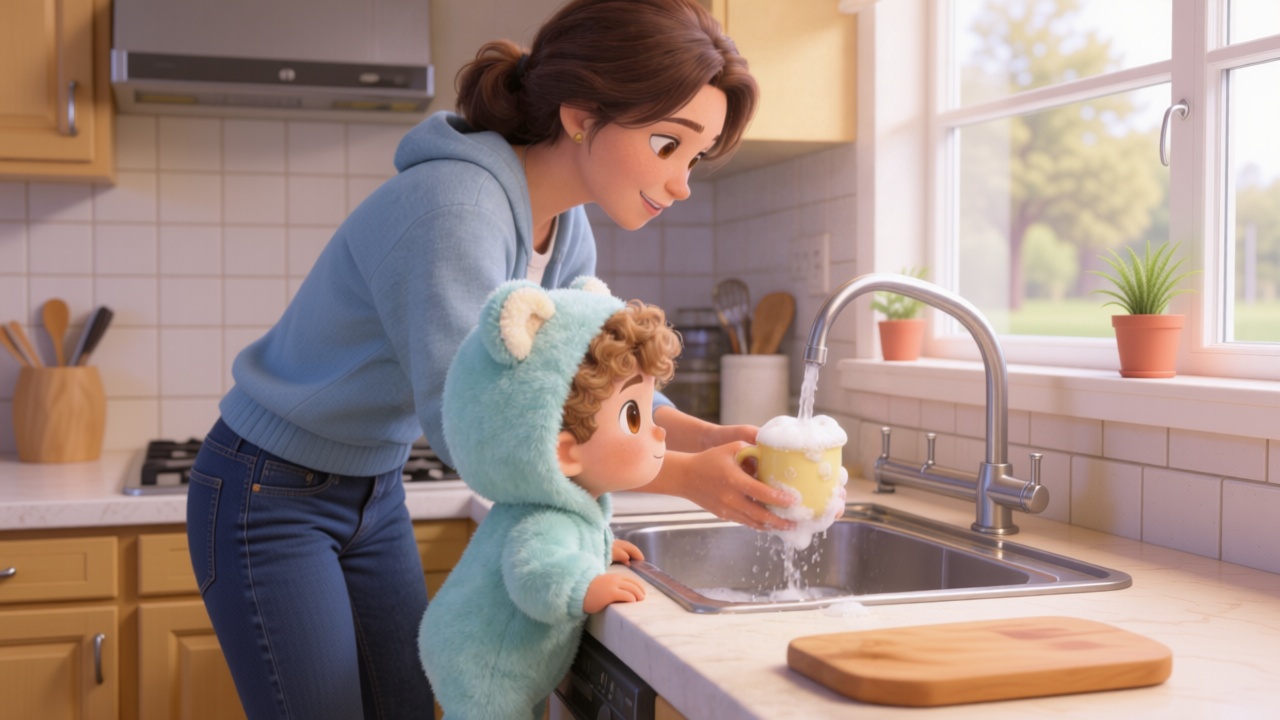 Close-up shot. Mother's hands washing the yellow cup in the sink with rich white bubbles. Toby is at the frame edge on tiptoe, watching excitedly. 3D Pixar style. --ar 16:9