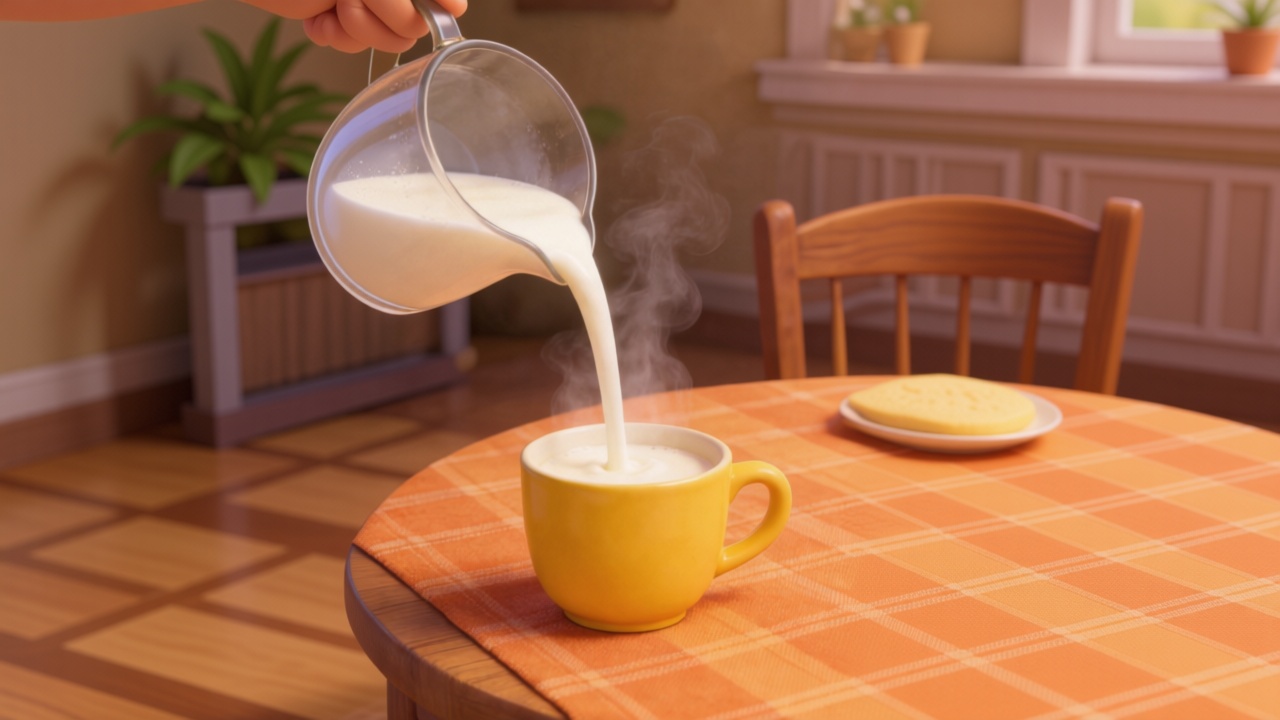 Close-up shot. Hot milk being poured into the yellow cup on the warm wooden dining table covered with an orange plaid tablecloth. Steam rising. 3D Pixar style. --ar 16:9