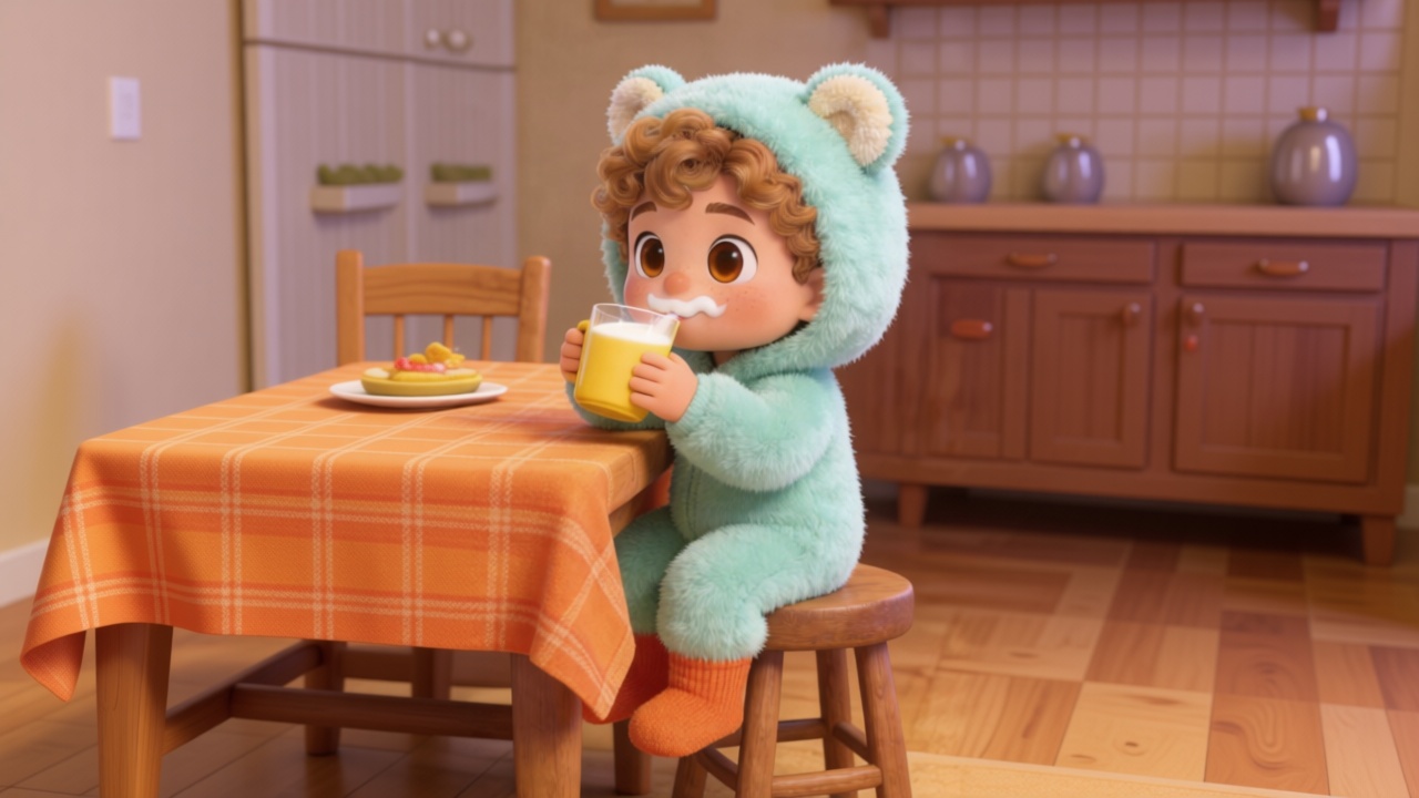 Medium shot. Toby sitting on a stool by the warm wooden dining table covered with an orange plaid tablecloth, taking a big gulp of milk, leaving a white milk mustache. 3D Pixar style. --ar 16:9
