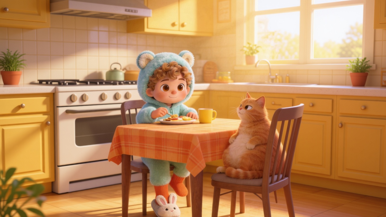 Wide shot. Kitchen bathed in golden morning light. Toby with a milk mustache sitting at the warm wooden dining table covered with an orange plaid tablecloth, happily eating. 3D Pixar style. --ar 16:9