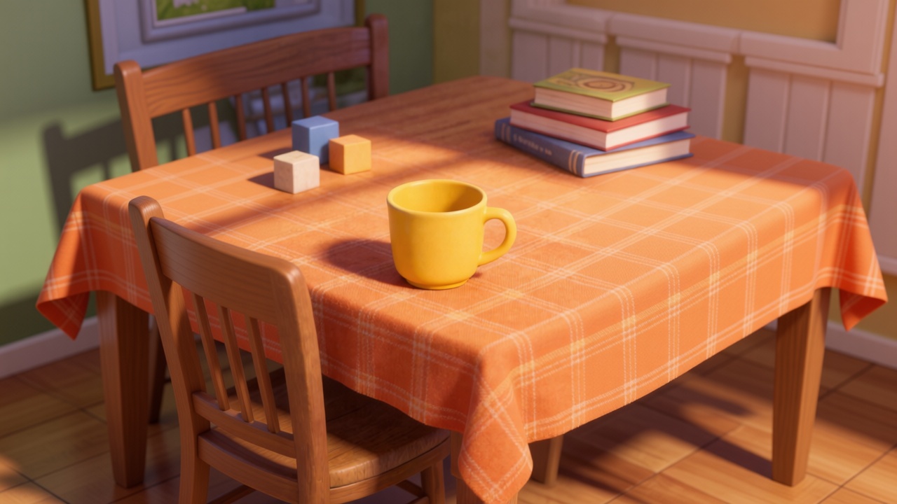 Close-up shot. (Fade out) Sunlight casting shadows on the empty yellow cup on the warm wooden dining table covered with an orange plaid tablecloth. Blocks and books nearby. Serene. 3D Pixar style. --ar 16:9
