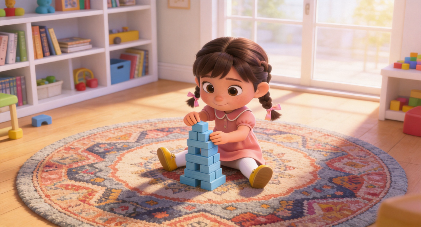 Wide shot. In a bright playroom with a round bohemian rug and white bookshelves, Lucy (braided pigtails, blush dress) sits focused in the center of the rug. In front of her is a tall tower made of sky-blue wooden blocks. Lucy (braided pigtails) carefully places the last block on the top of the tower.Afternoon sunlight streams in through the floor-to-ceiling windows. Highly detailed, 3D Pixar style. --ar 16:9