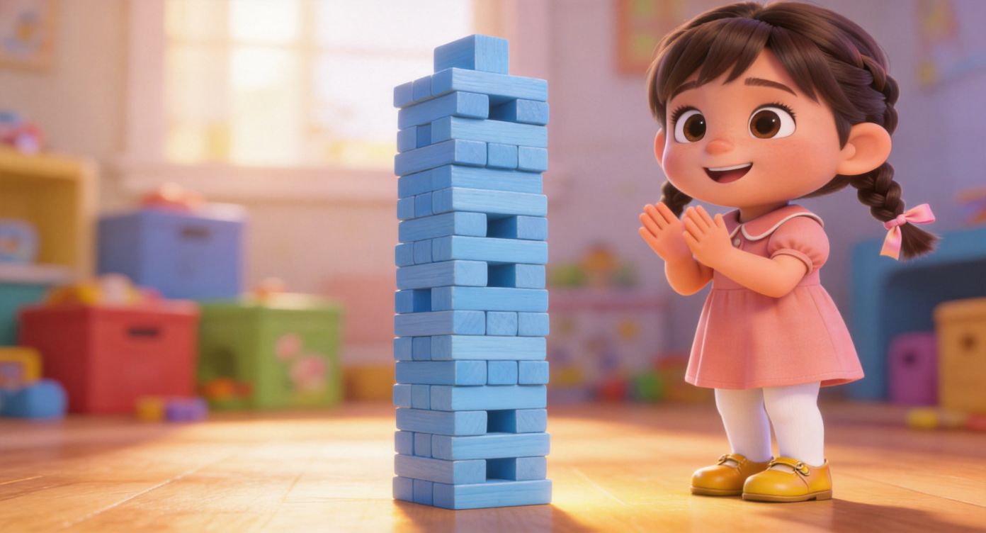 Close-up shot. Lucy claps her hands happily. A tall tower made of sky-blue wooden blocks stands on the glowing wooden floor. Blurred colorful toy boxes and sunlight in the playroom background. 3D Pixar style. --ar 16:9