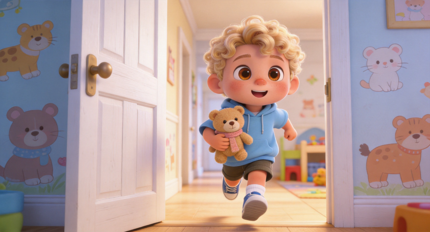 Medium shot. Toby (light blonde small curls, sky-blue hoodie) clutching a small plush bear wearing a blush-colored scarf, runs excitedly through the white wooden door into the playroom. The background is a bright hallway decorated with cute animal illustrations. 3D Pixar style. --ar 16:9