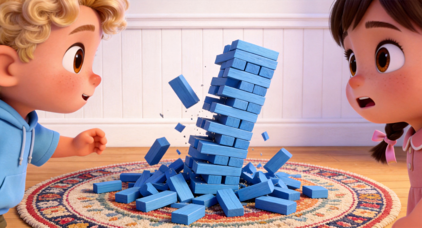 Close-up shot. With a collision, a tall tower made of sky-blue wooden blocks crashes down, a large number of blue wooden blocks scattering all over the round bohemian rug. Toby's (light blonde curls, sky-blue hoodie) hand is still suspended in mid-air. Lucy's shocked face and white wainscoting in the background. 3D Pixar style. --ar 16:9
