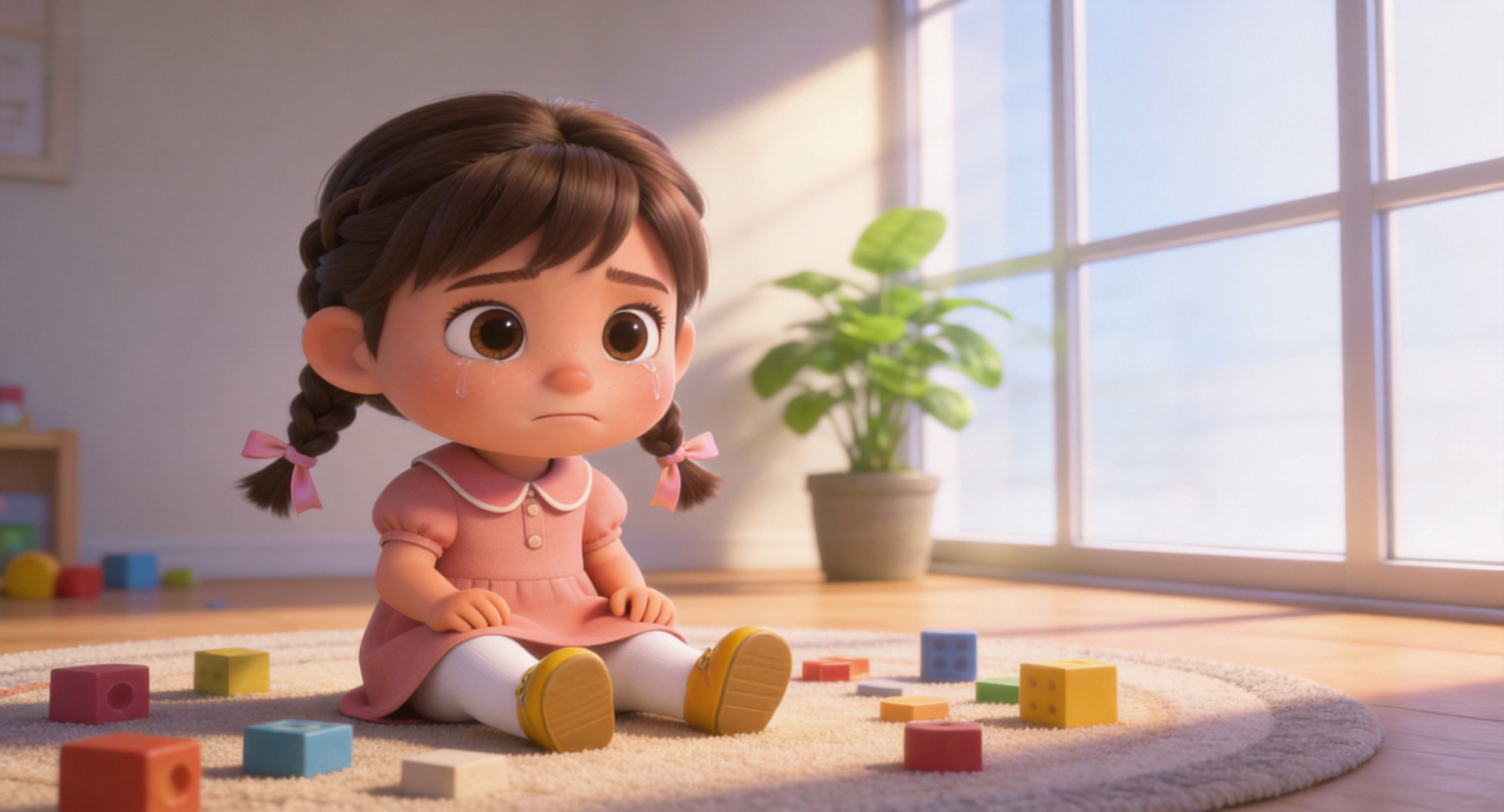 Medium shot. Lucy (blush dress) sits blankly on the round rug covered with scattered blocks in the playroom, her mouth pouting sadly, large eyes filling with tears. Sunlight through the floor-to-ceiling window shines on her disappointed face. Green potted plant in the background. 3D Pixar style. --ar 16:9