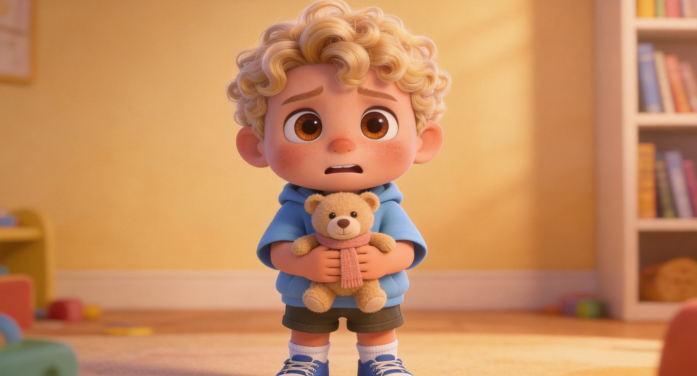 Close-up shot. Toby (sky-blue hoodie) stands stiffly in the center of the playroom, tightly clutching a small plush bear wearing a blush-colored scarf. His eyes are wide open, filled with guilt and panic. The background is soft honey-colored indoor lighting and part of a bookshelf. 3D Pixar style. --ar 16:9