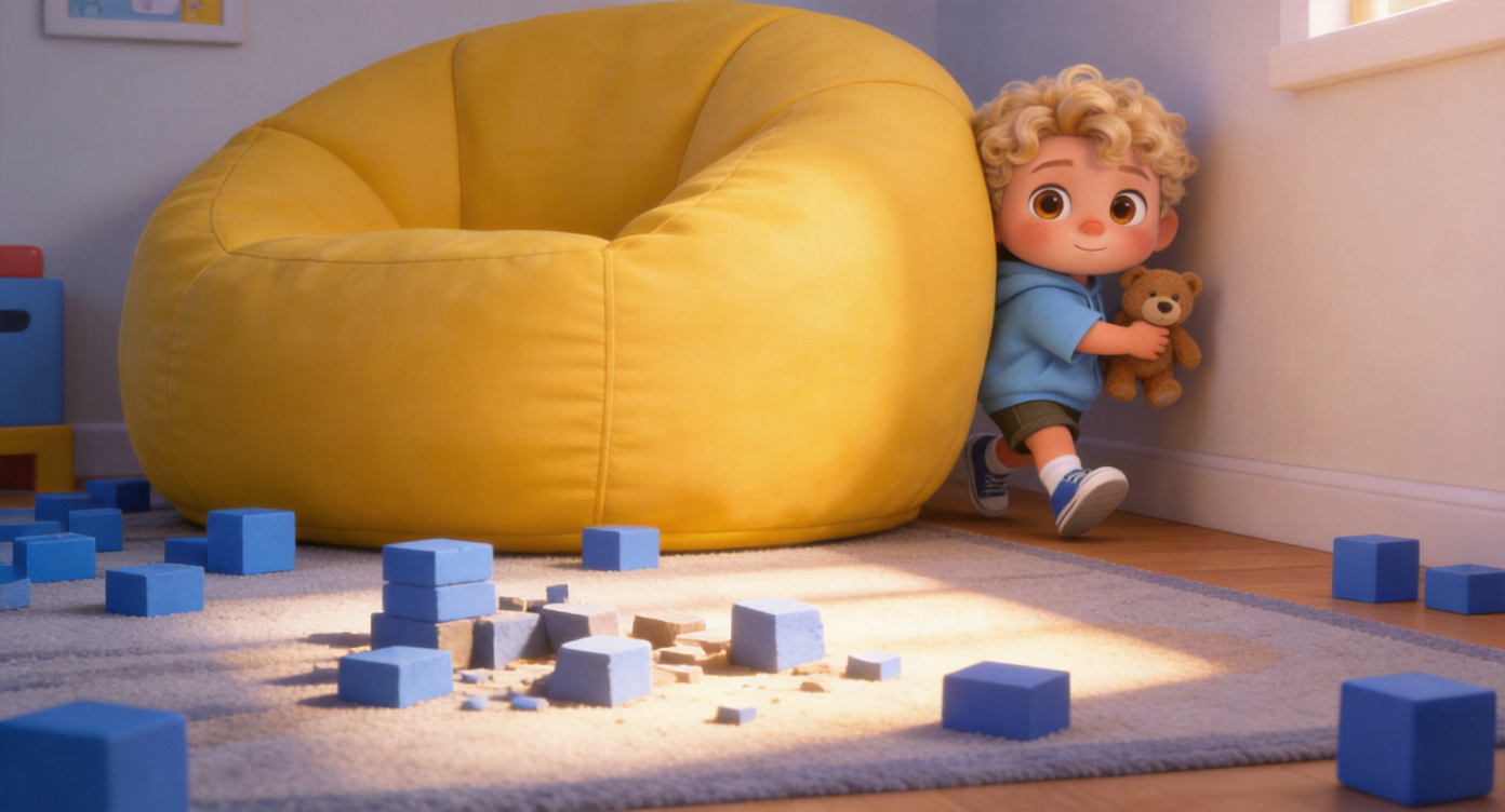 Wide shot. In the playroom covered with blue blocks on the floor, Toby turns and runs to the corner, hiding behind a giant yellow beanbag chair. Only his light blonde curly top and one hand holding a bear are visible in the frame. Sunlight illuminates the block ruins on the rug. 3D Pixar style. --ar 16:9