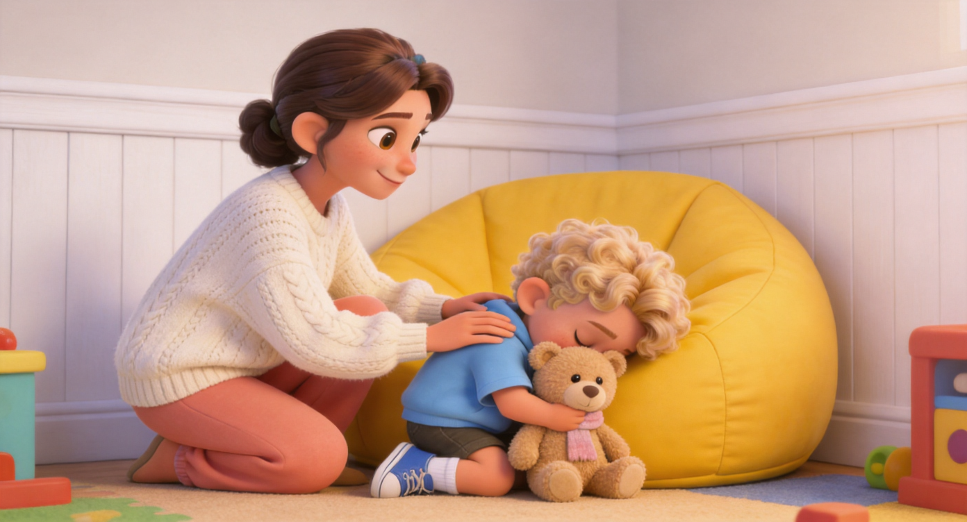 Medium shot. Beside the yellow beanbag chair in the corner of the playroom, Mom (cream sweater, soft coral pants) gently squats down. Her hand tenderly rests on the shoulder of the hiding Toby. Toby buries his face in a small plush bear wearing a blush-colored scarf. White baseboards in the background. 3D Pixar style. --ar 16:9