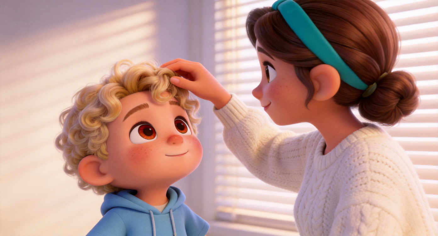 Close-up shot. Toby looks up at Mom, his eyes slightly red, nodding gently. Mom's (showing teal headband) fingers tenderly arrange the loose light blonde curls on his forehead. Light filters through nearby blinds, extremely soft and healing. 3D Pixar style. --ar 16:9