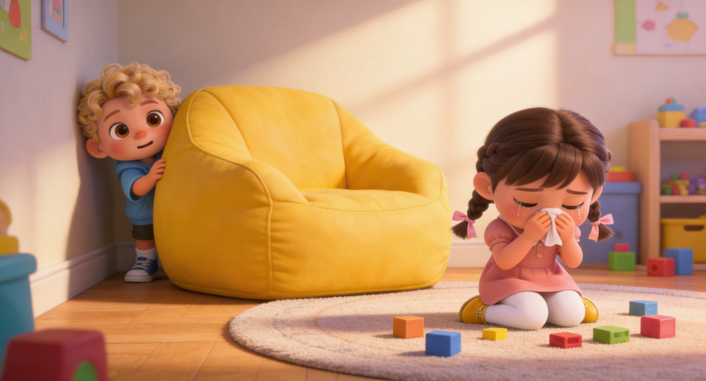 Medium shot. Toby (sky-blue hoodie) peeks half his body out from behind the yellow beanbag chair in the corner of the playroom, looking from afar at Lucy who is quietly wiping tears on the round rug with scattered blocks. The background is a sunlit half of the playroom. 3D Pixar style. --ar 16:9
