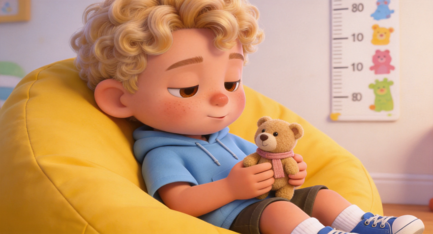 Close-up shot. Toby leaning against the yellow beanbag chair looks down at a small plush bear wearing a blush-colored scarf in his hands. He takes a deep breath, his previously furrowed brows relaxing. A children's height chart on the wall in the background. 3D Pixar style. --ar 16:9
