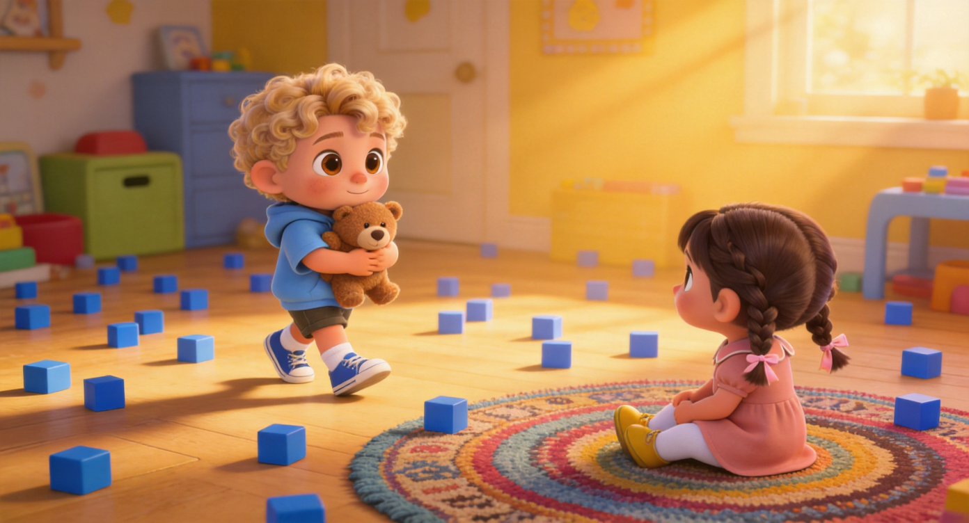 Wide shot. In the center of the playroom bathed in honey-colored sunlight, Toby walks slowly towards Lucy sitting on the bohemian rug. He steps very lightly, hugging the bear to his chest. The floor is full of scattered blue blocks. 3D Pixar style. --ar 16:9