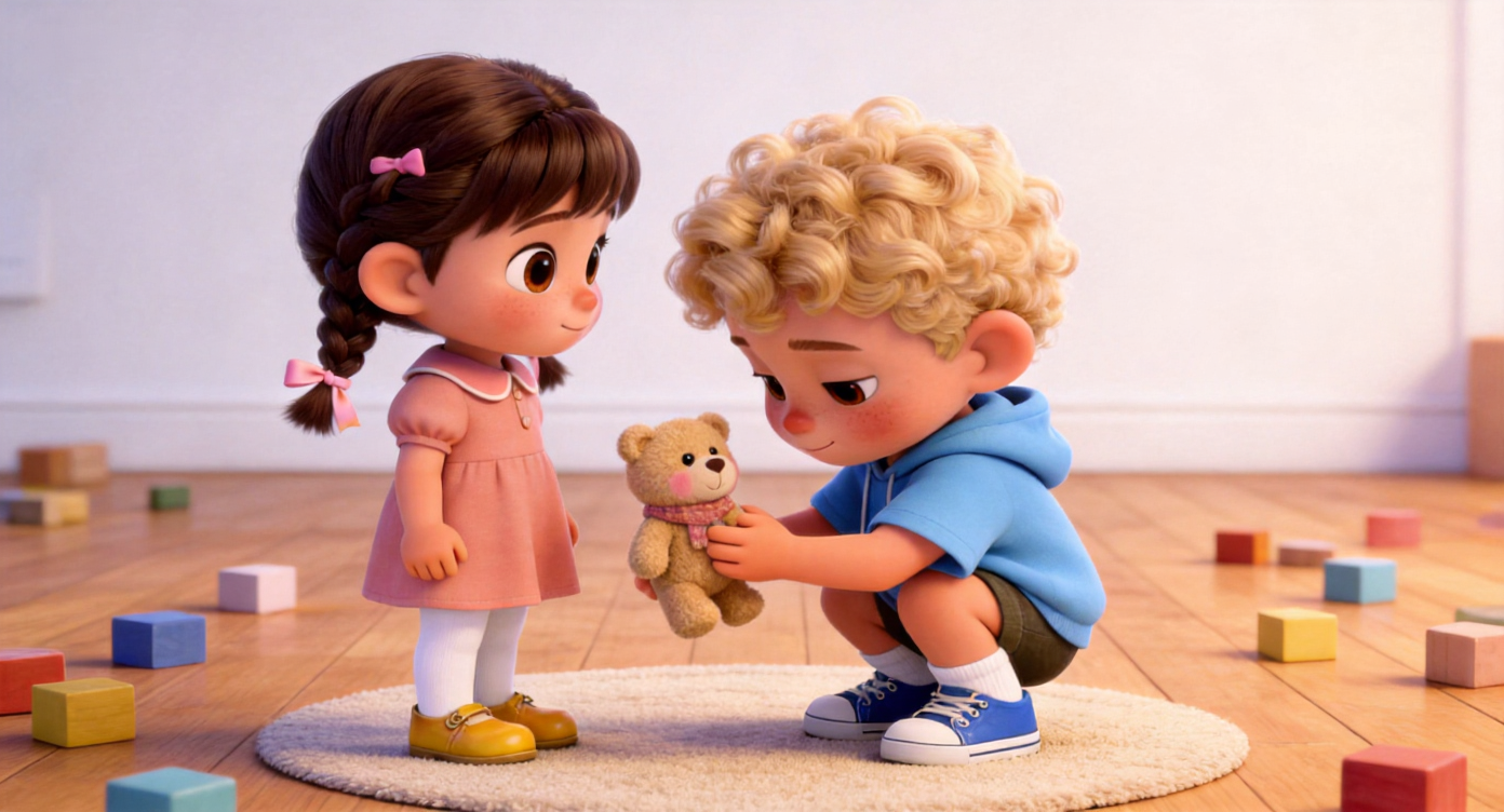 Medium shot. Toby crouches down on the round rug in front of Lucy, lowering his head somewhat shyly. He slowly offers a small plush bear wearing a blush-colored scarf to Lucy. The background is a wooden floor scattered with blocks and a white wall in the distance. 3D Pixar style. --ar 16:9