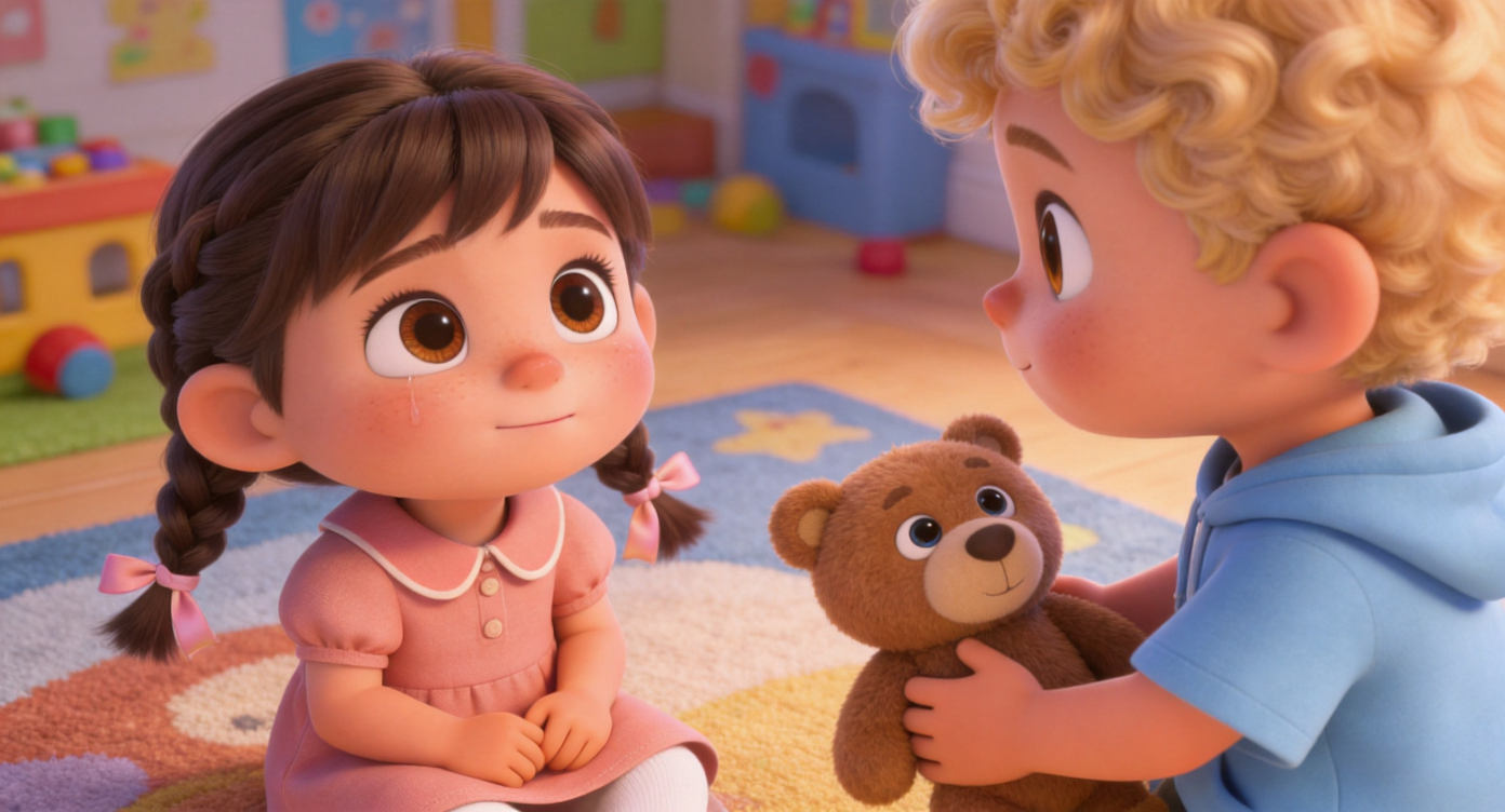 Close-up shot. Lucy (braided pigtails) looks up, a hint of tears still in her eyes. Sitting on the playroom rug, she looks at Toby's sincere eyes and the offered bear, her tightly pressed lips relaxing slightly. Soft lighting. 3D Pixar style. --ar 16:9