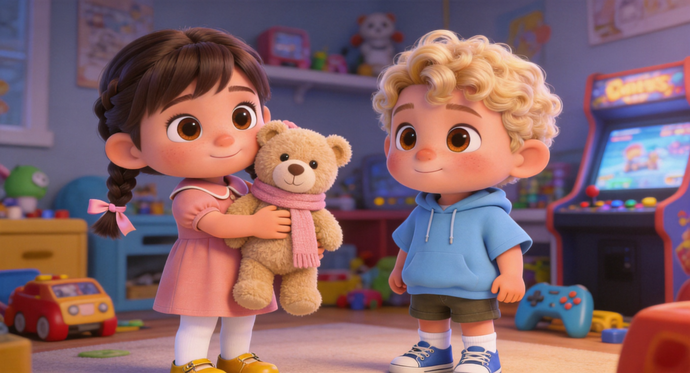 Close-up shot. Lucy reaches out and takes a small plush bear wearing a blush-colored scarf, hugging it to her chest. Seeing her take it, Toby finally shows a relieved smile. Blurred pile of blue blocks in the background. 3D Pixar style. --ar 16:9