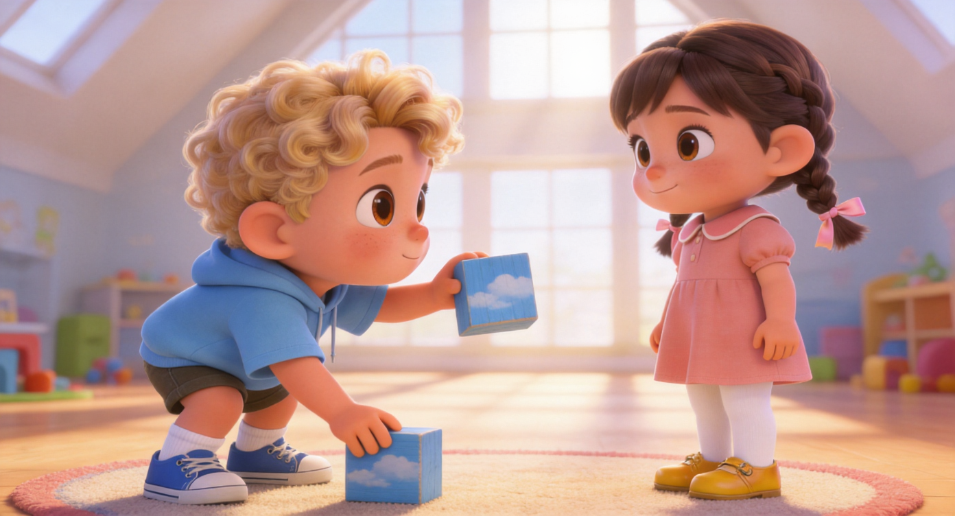 Medium shot. Toby proactively bends down and picks up a sky-blue wooden block from the round rug in the playroom. He holds the block up to Lucy, looking at her with bright eyes. Bright sunlight streaming through the floor-to-ceiling windows in the background. 3D Pixar style. --ar 16:9
