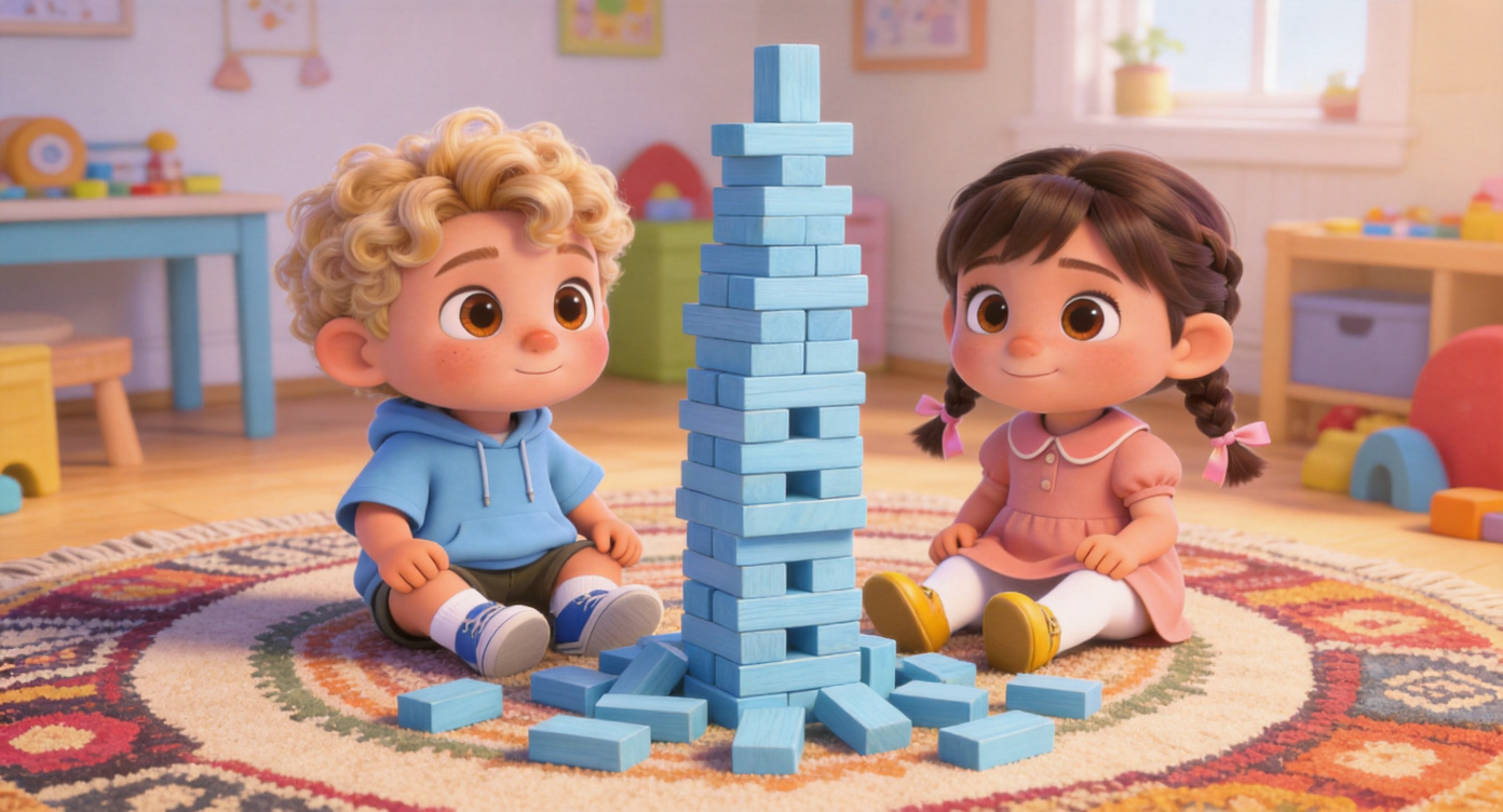 Wide shot. In the center of the cozy, bright playroom, Toby and Lucy sit side-by-side on the bohemian rug. Together, they are stacking the scattered blocks piece by piece, gradually building a tall tower made of sky-blue wooden blocks. 3D Pixar style. --ar 16:9