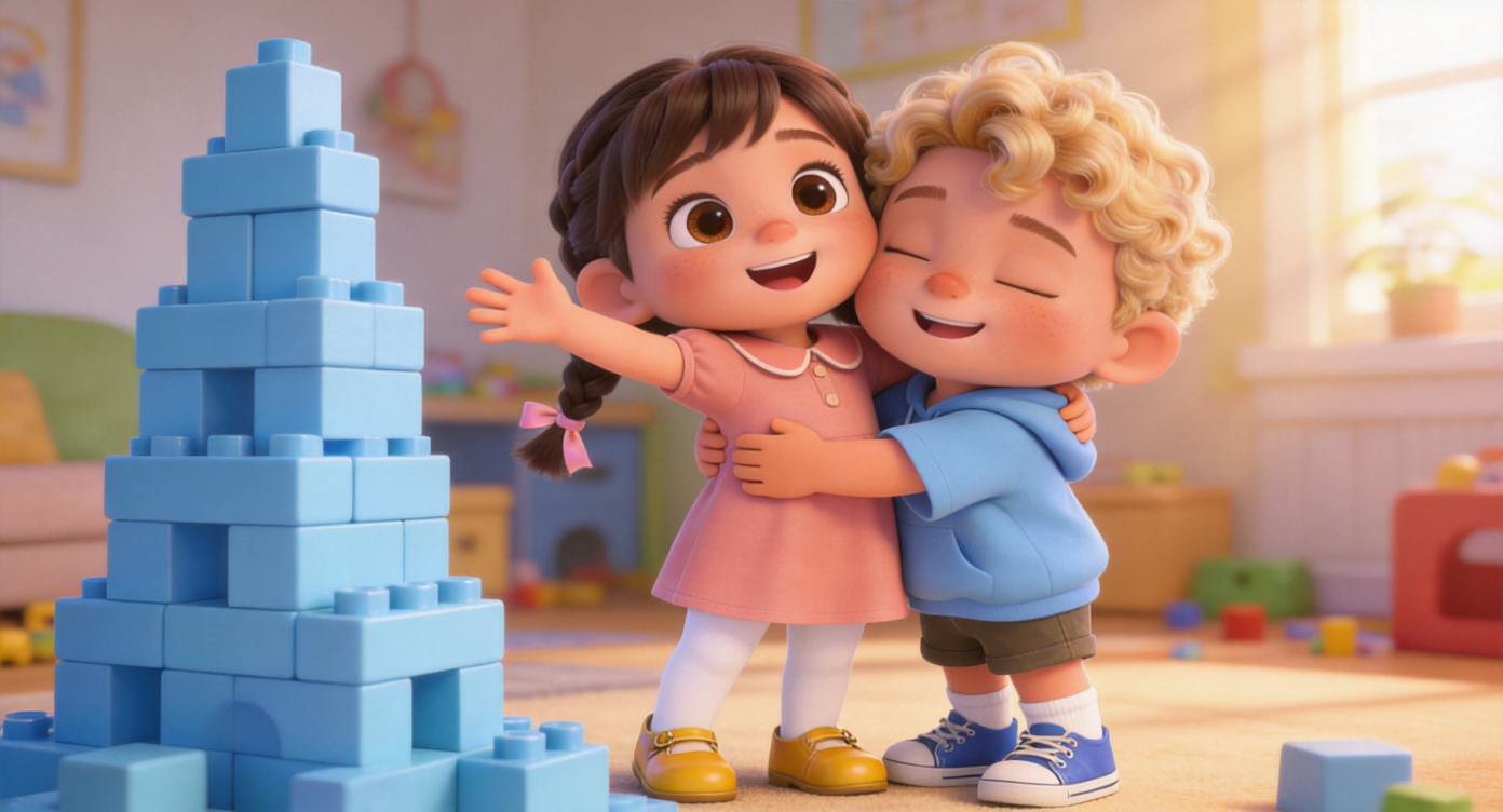 Close-up shot. Next to the built blue block tower, Lucy happily opens her arms and gives Toby a warm hug. Toby also closes his eyes and happily hugs her back. Cozy indoor playroom furnishings and sunlight in the background. 3D Pixar style. --ar 16:9