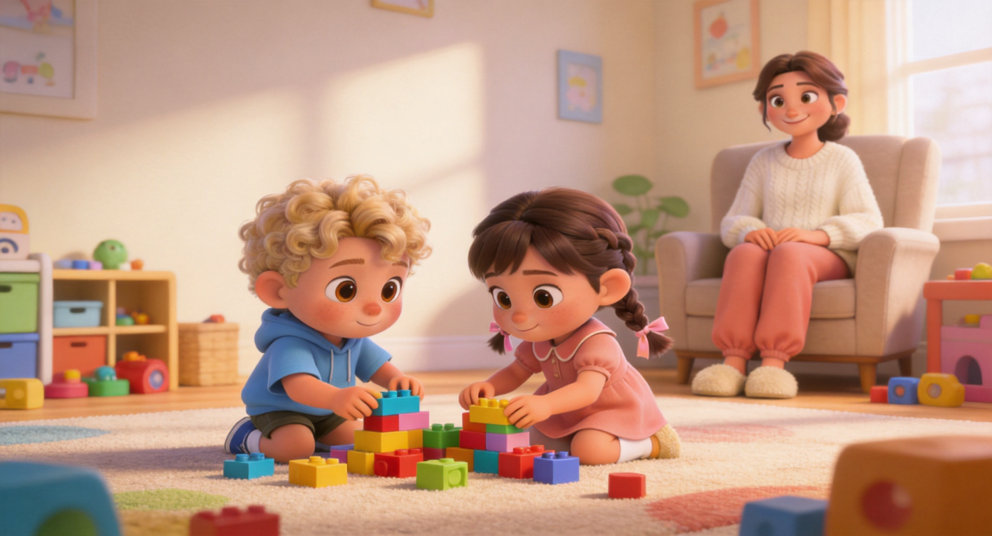 Wide shot. Mom (cream sweater, soft coral pants) sits on an armchair far away in the playroom, smiling as she watches the two children playing peacefully on the rug. Sunlight fills the entire room, air filled with healing and serenity. 3D Pixar style. --ar 16:9
