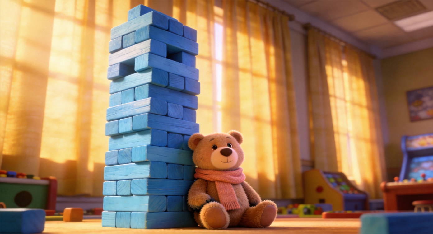 Close-up shot. (Before fading out) Sunlight filters through the floor-to-ceiling curtains, gently illuminating a tall tower made of sky-blue wooden blocks. A small plush bear wearing a blush-colored scarf sits securely right next to the block tower. The image shows an extremely peaceful and harmonious atmosphere. Highly detailed, 3D Pixar style, masterpiece. --ar 16:9