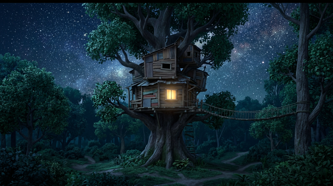 Extreme wide shot. A beautiful treehouse in the forest under a massive, starry sky. One window glows with a soft golden light from the star jar inside. --ar 16:9