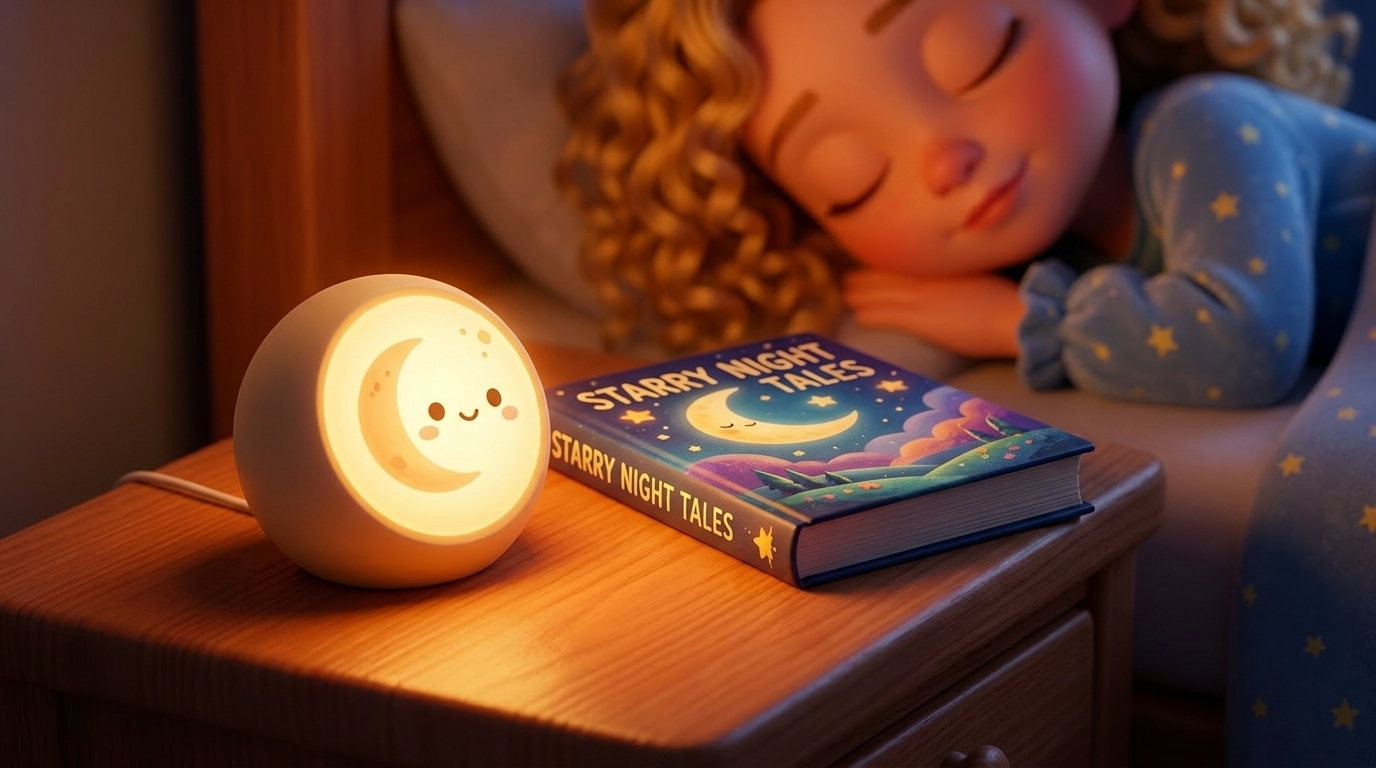 Close-up shot. A small, round nightlight on a wooden bedside table turns on, emitting a warm orange glow. Beside it lies a closed picture book. Soft bokeh background. --ar 16:9