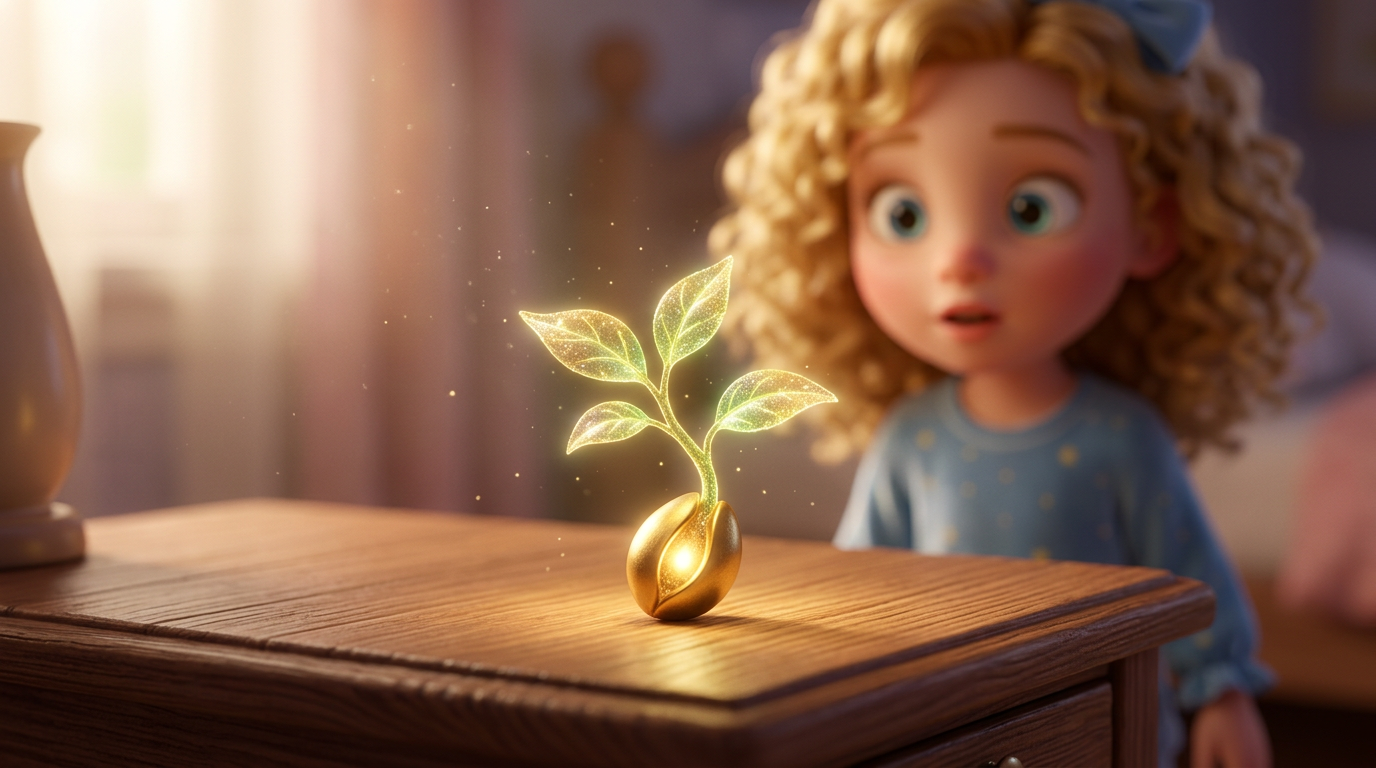 Close-up shot. The golden seed settles on the wooden table and sprouts tiny, translucent glowing leaves. It looks like a miniature magical plant made of pure light and imagination. --ar 16:9
