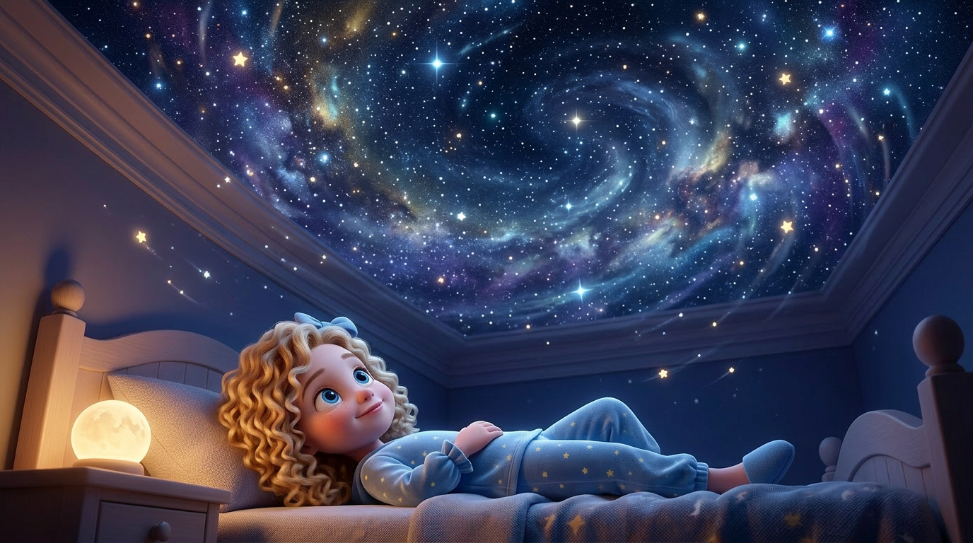 Low angle shot looking up. The ceiling of the bedroom transforms into a breathtaking night sky filled with swirling galaxies and twinkling stars. The nightlight provides a warm base glow. --ar 16:9
