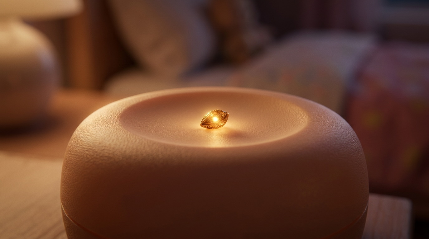 Macro shot. The tiny golden seed, now a dim but steady spark, rests on top of the round nightlight. It looks like a small jewel. The light is very dim now. --ar 16:9