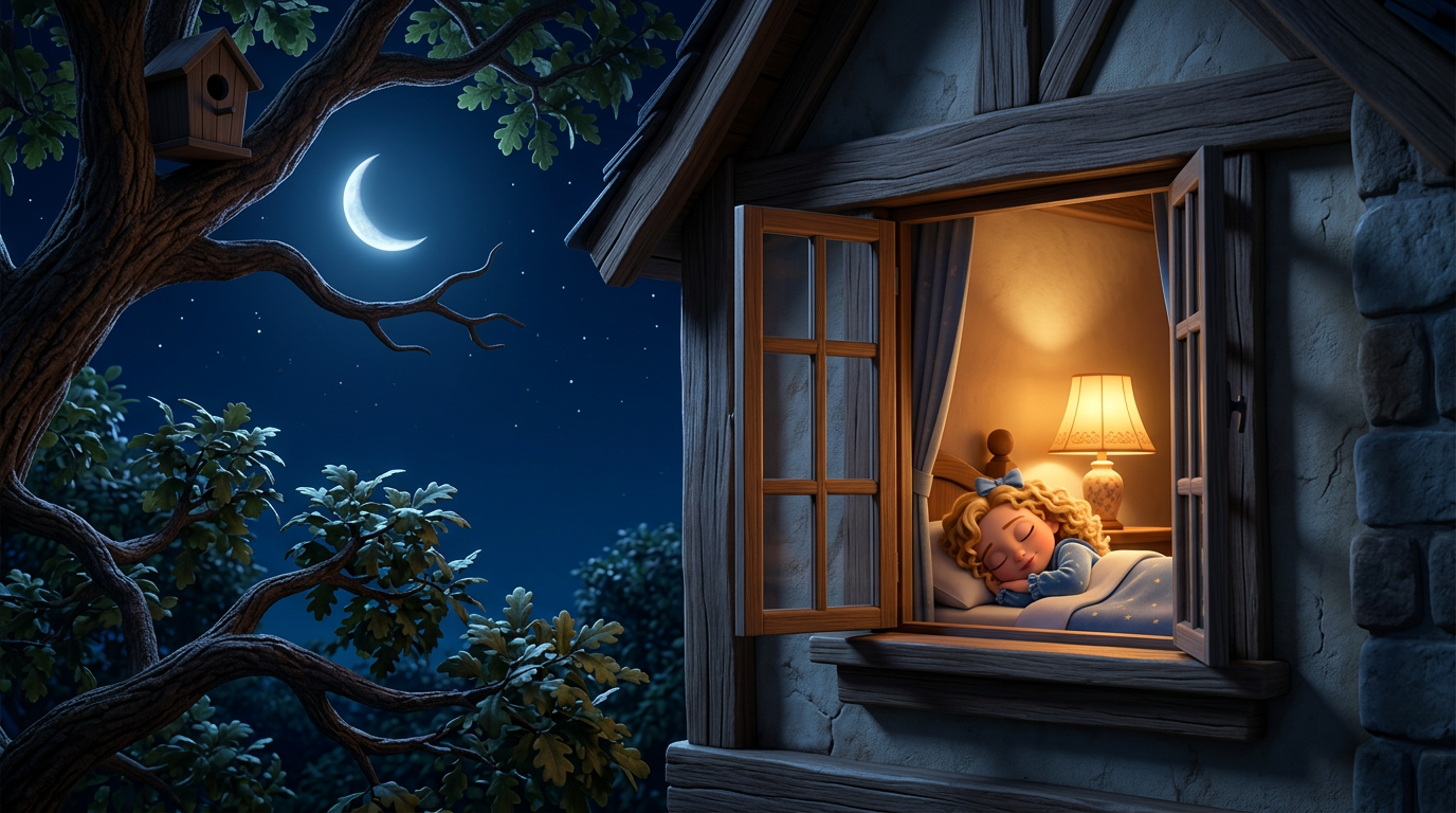 Exterior shot. Looking through the bedroom window from outside. A crescent moon hangs in the dark blue sky. A single warm light glows from Lily's window. Peaceful night. --ar 16:9