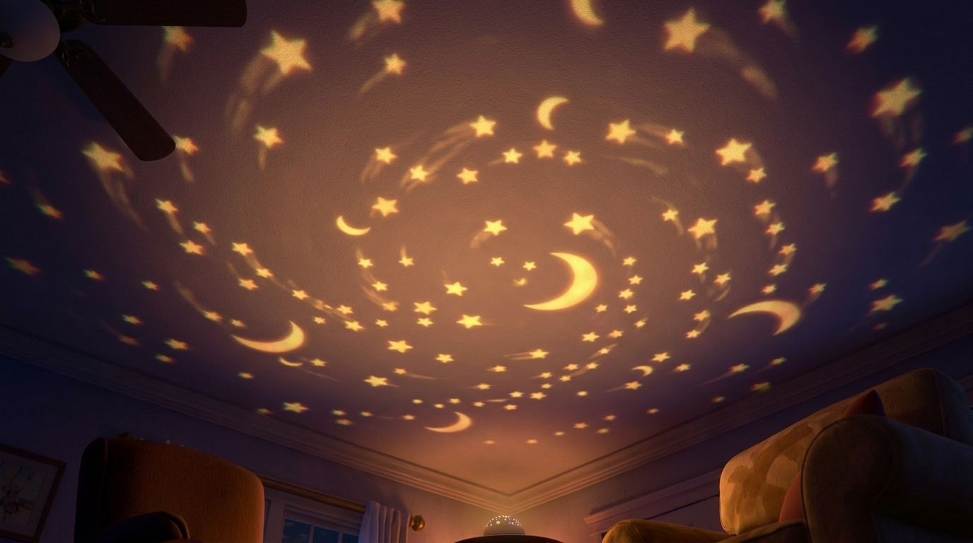 Low angle shot looking at the ceiling. Golden stars and moon shapes from a nightlight projector are rotating slowly. The room feels magical and vast. --ar 16:9 没有角色人物出现