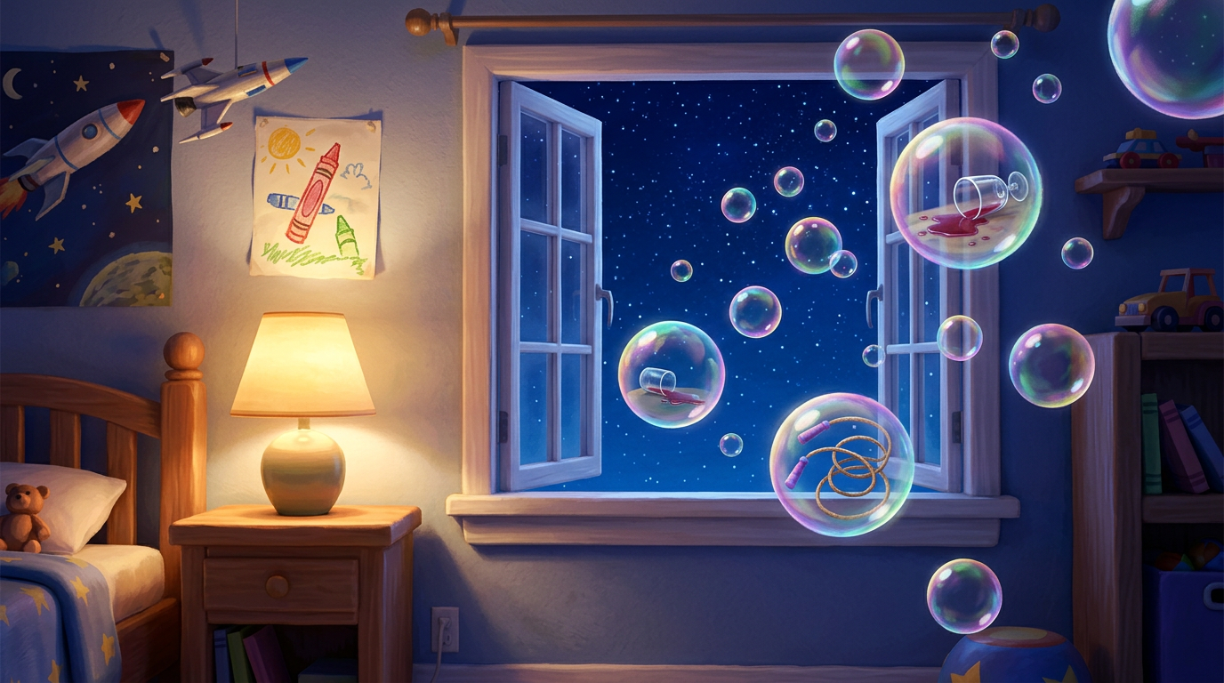 Dreamy surreal shot. Shimmering translucent bubbles containing images of a spilled glass and a jump rope float out of a window into a starry night sky. --ar 16:9没有角色人物出现
