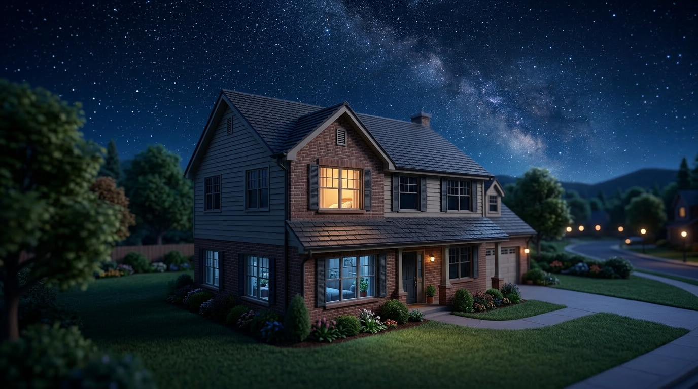 Wide exterior shot of a cozy suburban house at night. A single window's light turns off. Thousands of stars twinkle in the deep blue sky. Peaceful atmosphere. --ar 16:9