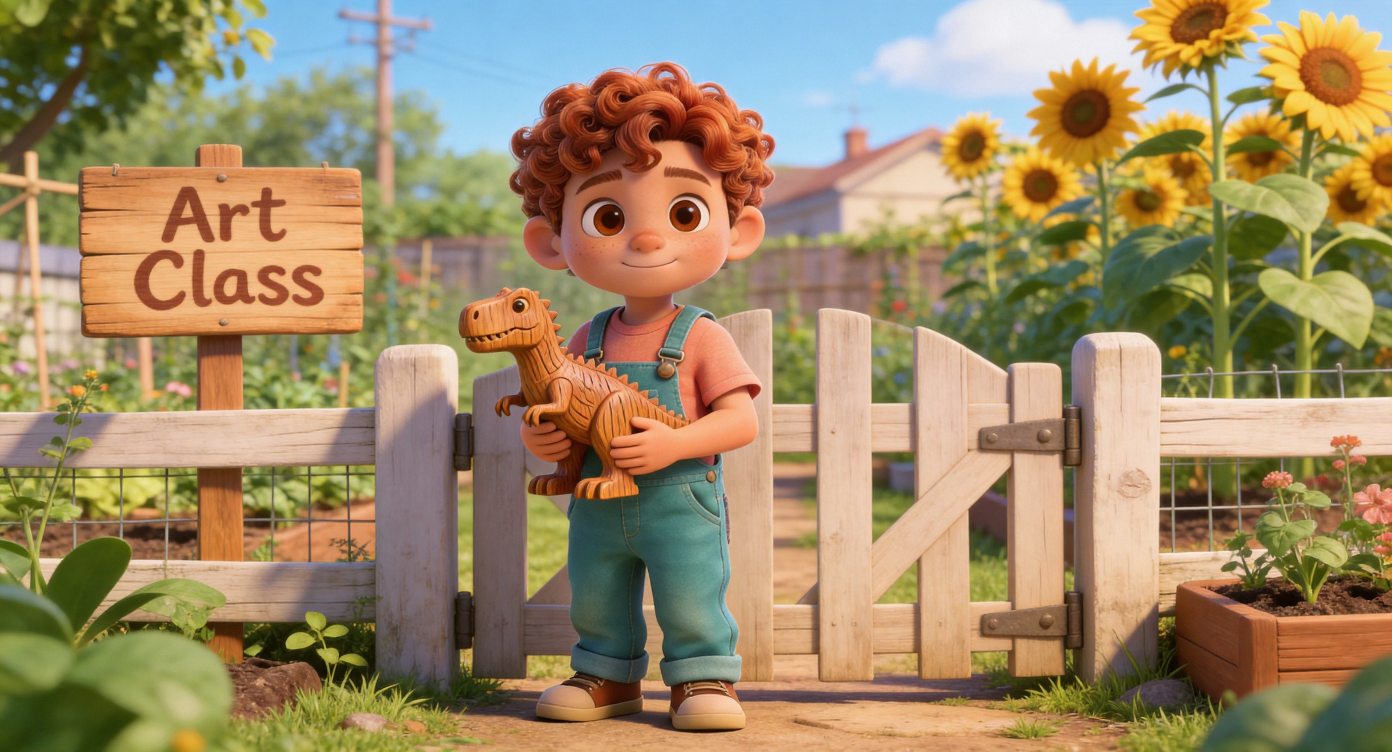 Wide shot. A sunny community garden with a wooden sign saying "Art Class". Leo wearing teal overalls and peach T-shirt, clutching the small hand-carved wooden T-Rex, standing by the garden gate. Sunflowers in background. 3D Pixar style. --ar 16:9