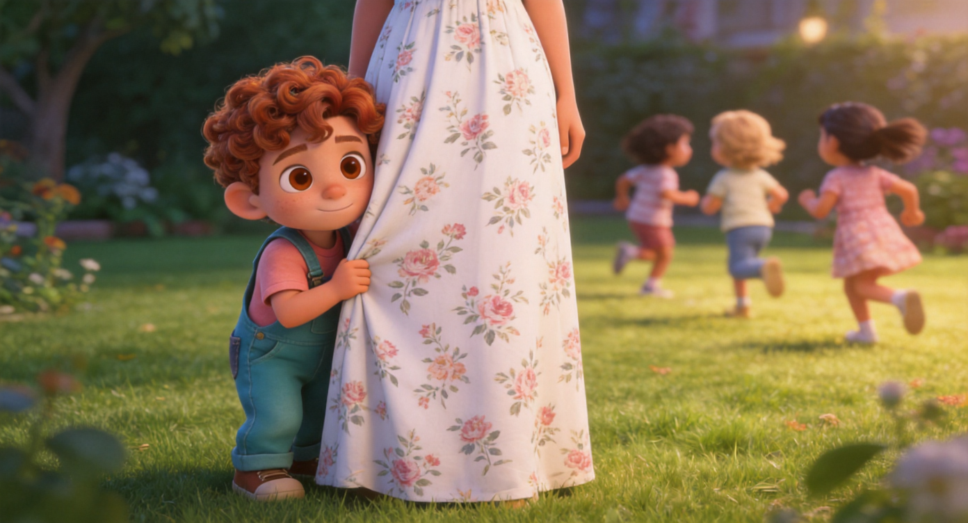 Medium shot. Leo hides behind Mom's white floral maxi dress, clutching the fabric. He peeks out with shy brown eyes, watching children running on the lawn. Soft garden lighting. 3D Pixar style. --ar 16:9