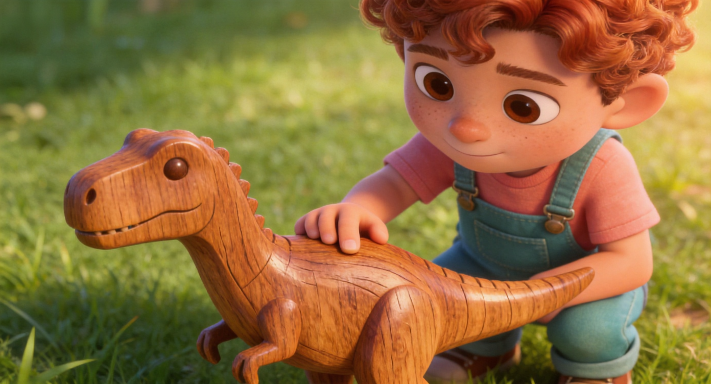 Close-up shot. Leo looks down at the small hand-carved wooden T-Rex, his thumb rubbing its smooth wooden back. Background is green grass. Warm sunlight on the wood texture. 3D Pixar style. --ar 16:9